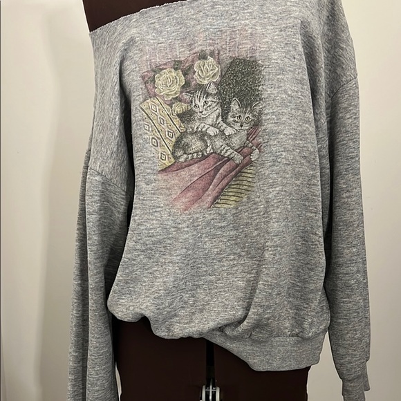 Gray Off-Shoulder Women Sweater with cat graphic and cut off neckline - Picture 2 of 3